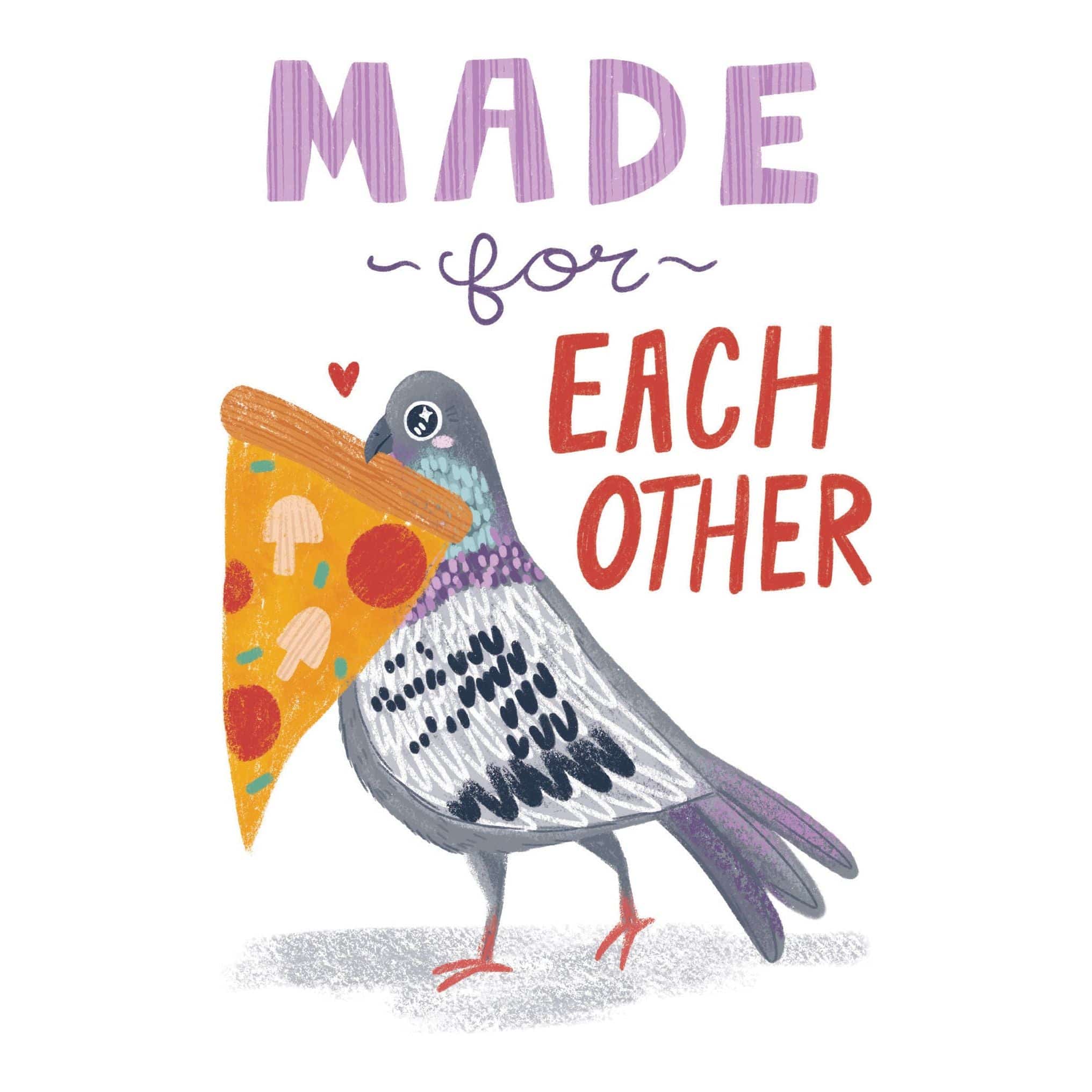 Pictura pigeon-themed pizza anniversary card featuring colorful illustrations for special celebrations.